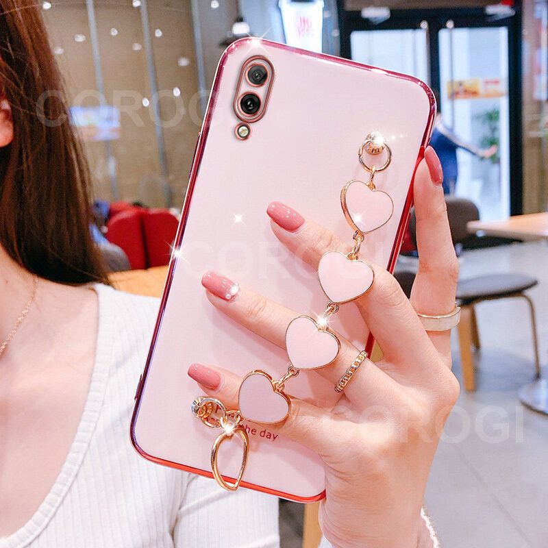 For Samsung Galaxy M02 Cover + Love Heart Bracelet Fashion Shiny Wrist Chain Plating Bumper Slim Phone Case Soft TPU Silicone Shockproof Protective Back Cover