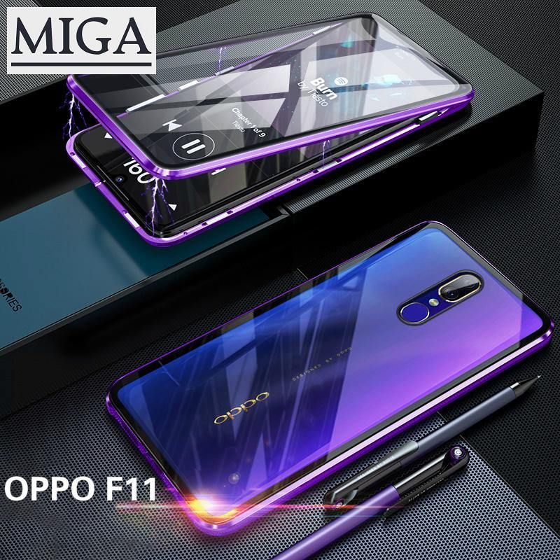 Double-Sided Glass Magnetic Adsorption Metal Bumper Case For OPPO F11 Phone Case Slim Tempered Glass Cover 2 in 1 Aluminum Frame Magnet Adsorption Shell