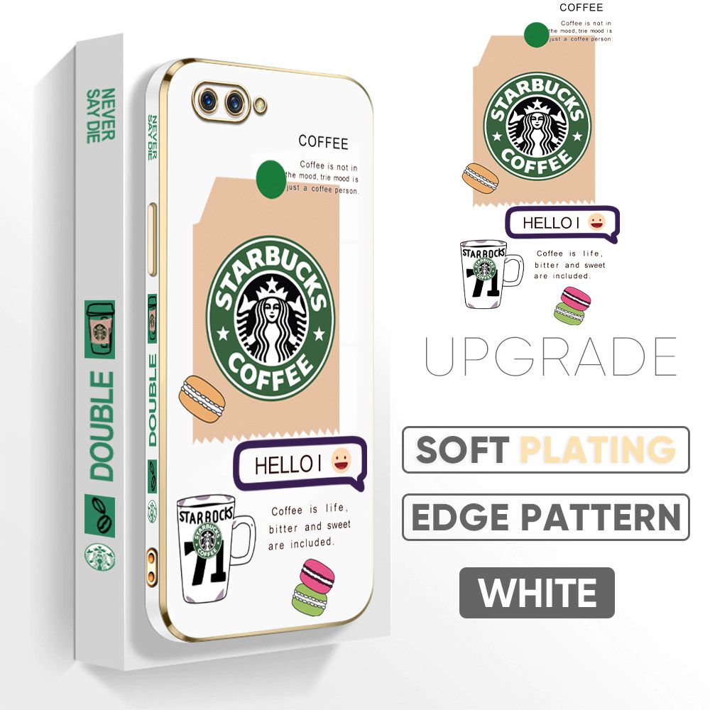 Jizetin (Free Lanyard) OPPO A3S / A12E / Realme C1 Back Cover Two Coffee Macaron Luxury 6D Plating Case Side Pattern Soft Silicone Square Mobile Phone Cases