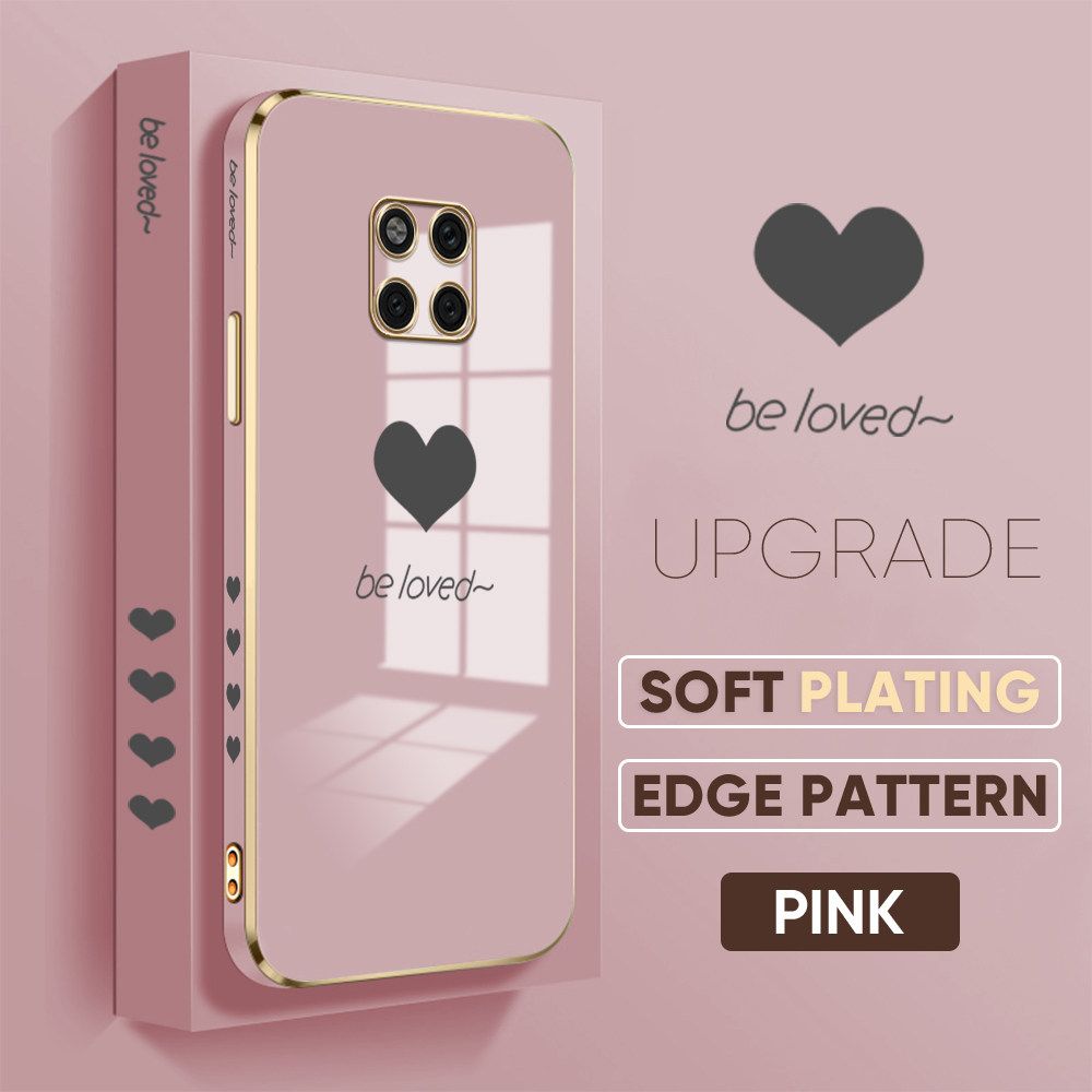 Jizetin (Free Lanyard) Huawei Mate 20 Pro Luxury 6D Plating Soft Casing Silicone Square Frame Phone Case Shiny Bling Back Cover New Lover Heart New design Side Drawing Case