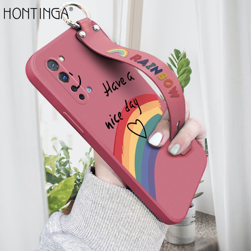 Hontinga for OPPO Reno3 5G Wrist Strap Case Lovely Graffiti Rainbow Smile Thin Phone Cover Square Edge Liquid Silicone Creativity Phone Case
