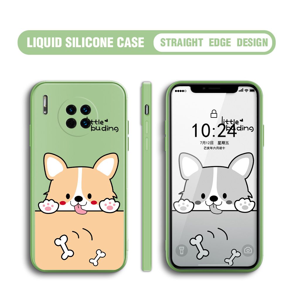 BILI for Huawei Mate 30 Back Cover Corgi and Bones Multicolor Liquid Silicone Phone Case Soft Square Lens Protection Phone Cases