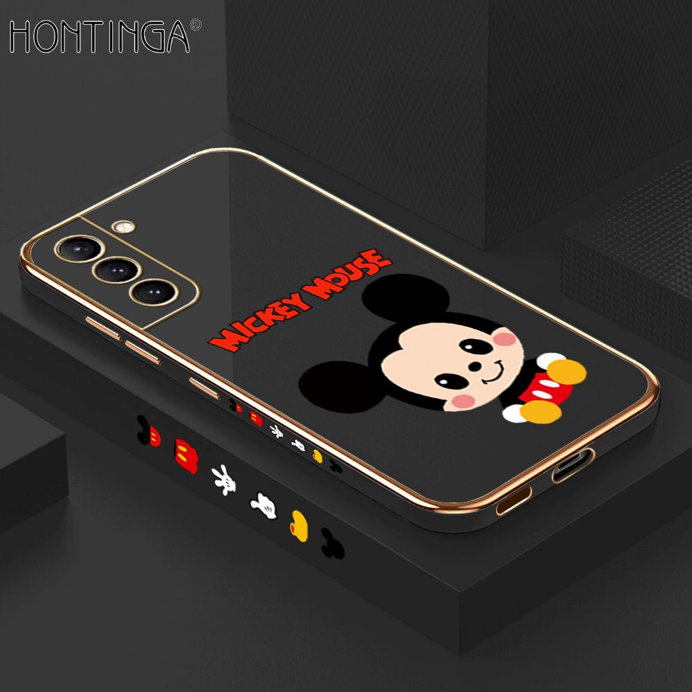 Hontinga for Samsung S21 5G Back Cover + Free Lanyard Luxury 6D Plating Cute Cartoon Mouse Side Pattern Case Soft Silicone Square Mobile Cover