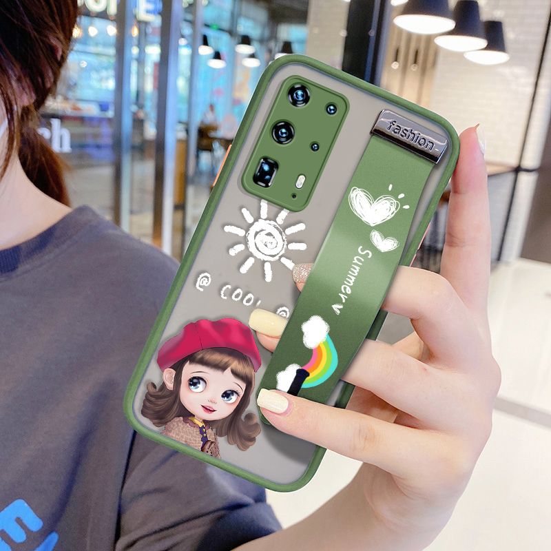UCUC for Huawei P40 Pro Plus Wrist Strap Case Lovely Cartoon Red Hat Girl Wristband Printing Cover Shockproof Frosted Phone Case