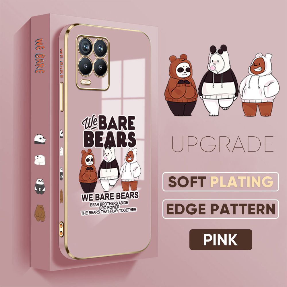 TA for Realme 8 4G / Realme 8 Pro Back Cover + Free Lanyard Cute Three Bears Luxury 6D Plating Case Side Pattern Soft Silicone Square Phone Cases