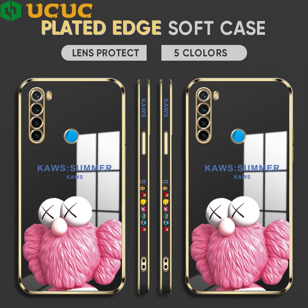 UCUC for Redmi Note 8 Luxury 6D Plating Soft Casing Silicone Square Frame Phone Case Shiny Bling Back Cover + Free Lanyard Cartoon Pink Doll New design Side Drawing Case