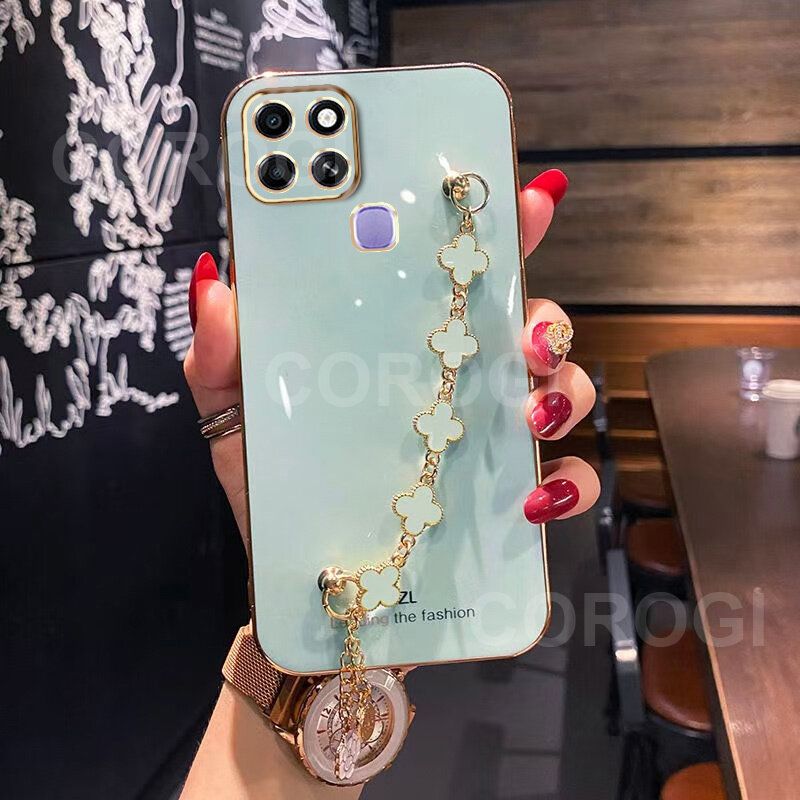 For Infinix Smart 6 Back Cover with Lucky Clover Wristband Chain Fashion Bracelet Shiny Plating Square Edge Bumper Phone Case Soft Silicone Bumper Protective Cover