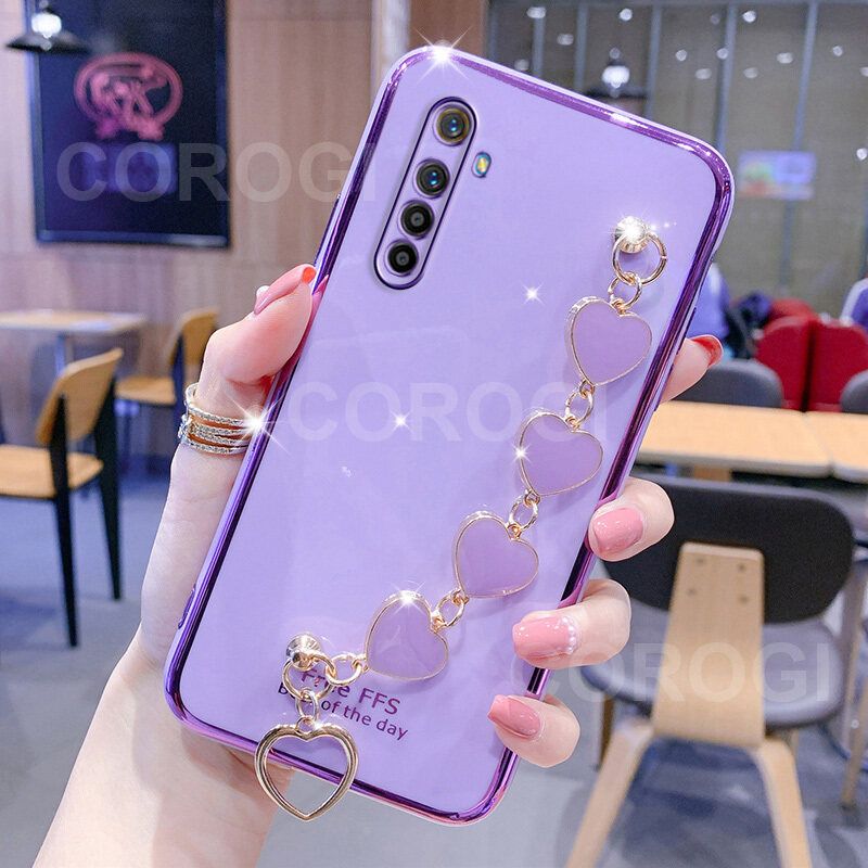 For Realme XT Cover + Love Heart Bracelet Fashion Shiny Wrist Chain Plating Bumper Slim Phone Case Soft TPU Silicone Shockproof Protective Back Cover