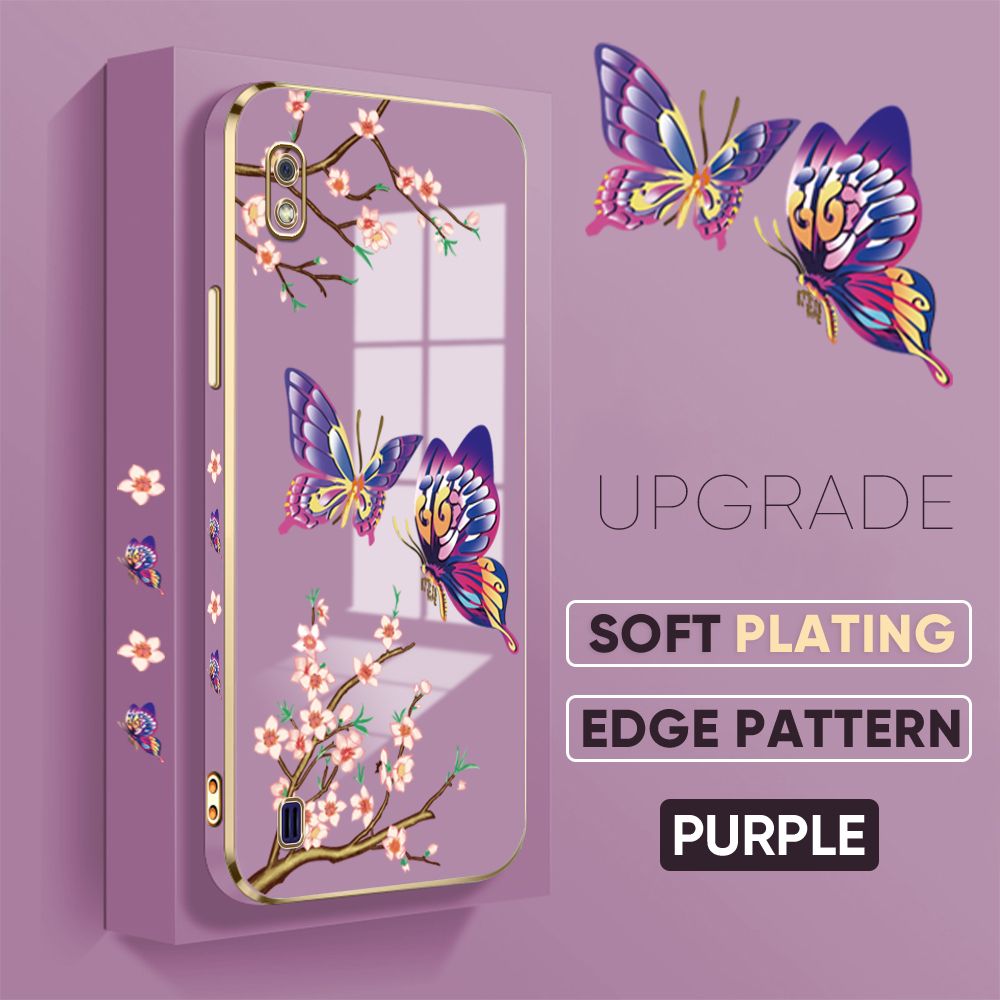 Jizetin (Free Lanyard) Samsung Galaxy A10 Back Cover Peach Blossom and Butterfly Luxury 6D Plating Case Side Pattern Soft Silicone Square Mobile Phone Cases