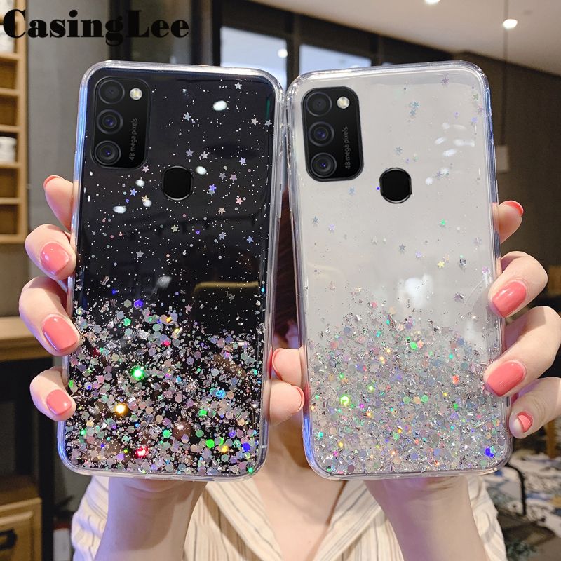 Casinglee For Samsung Galaxy M21 case Full Stars Moon Glitter Bling Sequins Cases for Samsung M21 Phone Cover Starry Sky Transparent Soft Back Cover