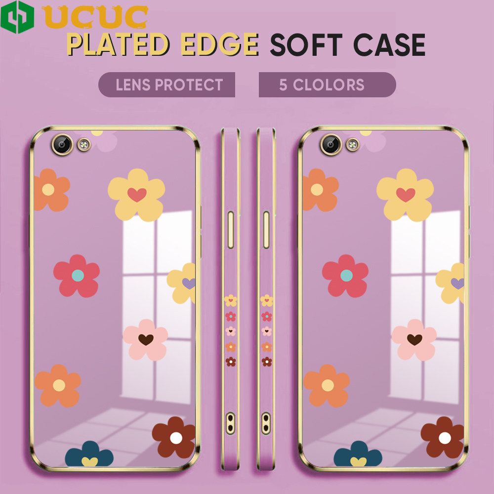 UCUC for Vivo Y66 Y65 Back Cover + Free Lanyard INS Style Flower Luxury 6D Plating Case Side Pattern Soft Silicone Square Phone Cases