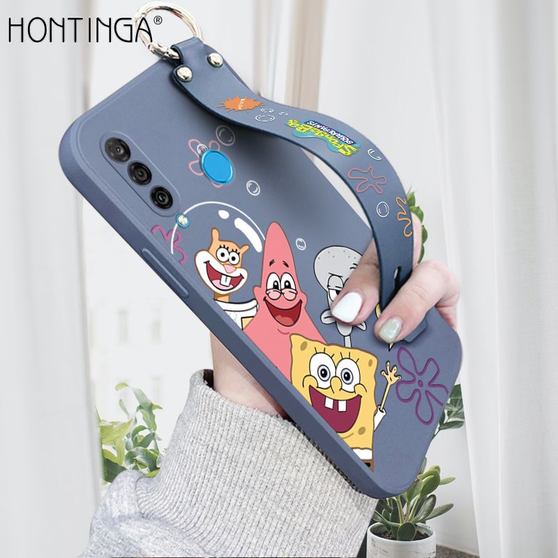Hontinga for Huawei P30 Lite / Nova 4E Wrist Strap Case Cute Funny Cartoon Sponge for Square Pants Cover Trend Square Printed Pattern Liquid Silicone Phone Case