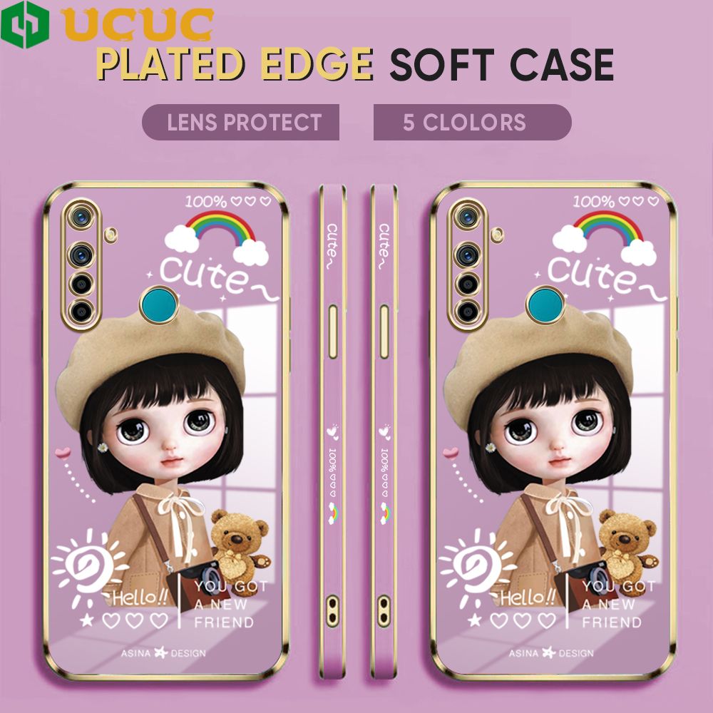 UCUC for Realme 5 5i 5s 6i Back Cover + Free Lanyard Sunshine Girl Luxury 6D Plating Case Side Pattern Soft Silicone Square Phone Cases