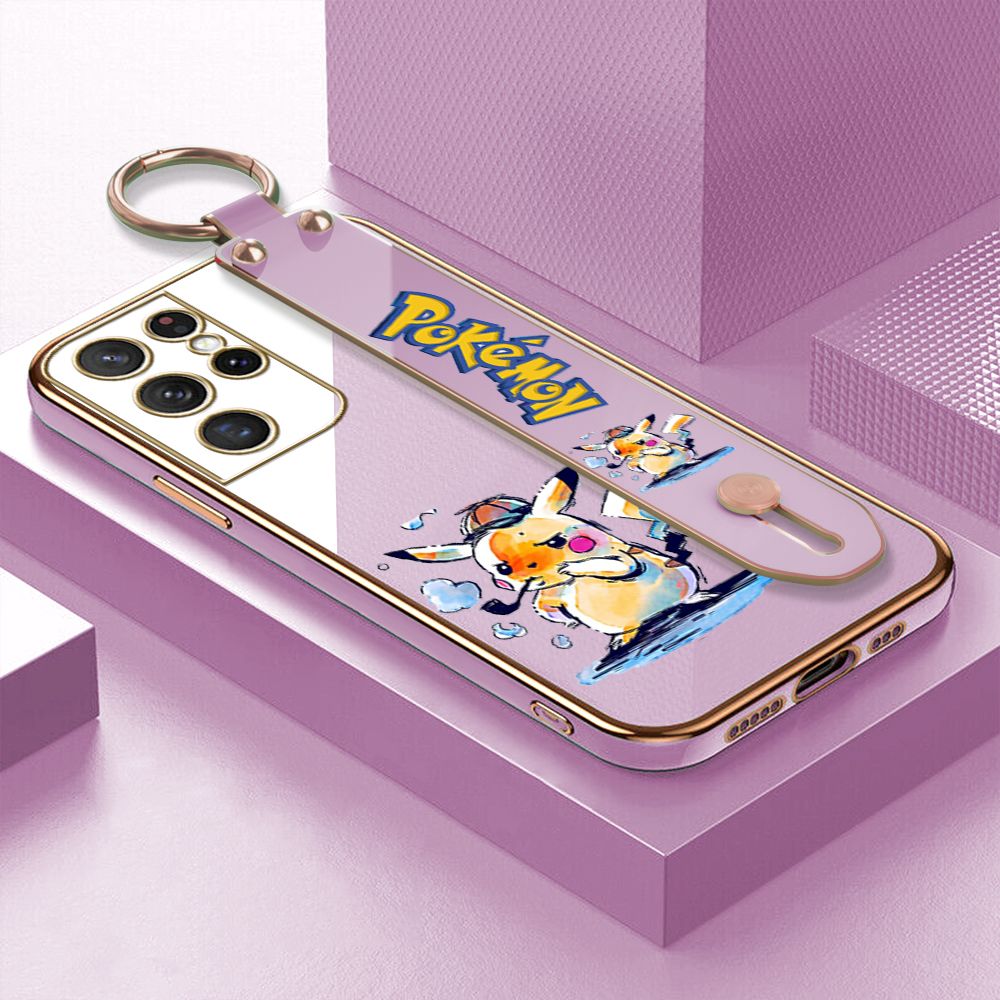 UCUC for Samsung Galaxy S21 Ultra 5G Wrist Strap Back Cover + Free Lanyard Pikachu Fashion Luxury 6D Plating Soft Casing Silicone Square Frame Phone Case