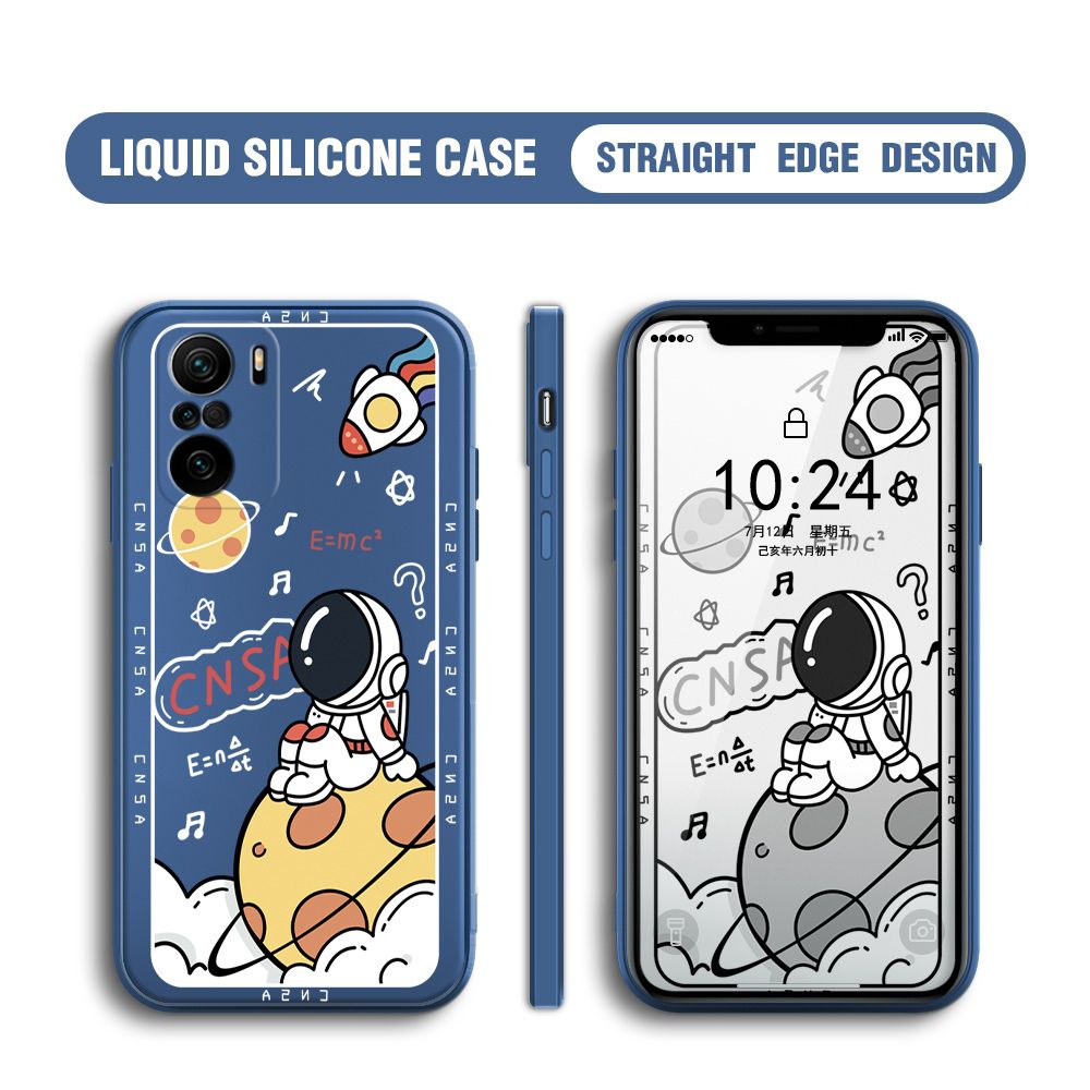 BILI for Xiaomi Poco F3 / Redmi K40 / K40 Pro Back Cover Little Astronaut Sit In Planet Multicolor Liquid Silicone Phone Case Soft Square Lens Protection Phone Cases