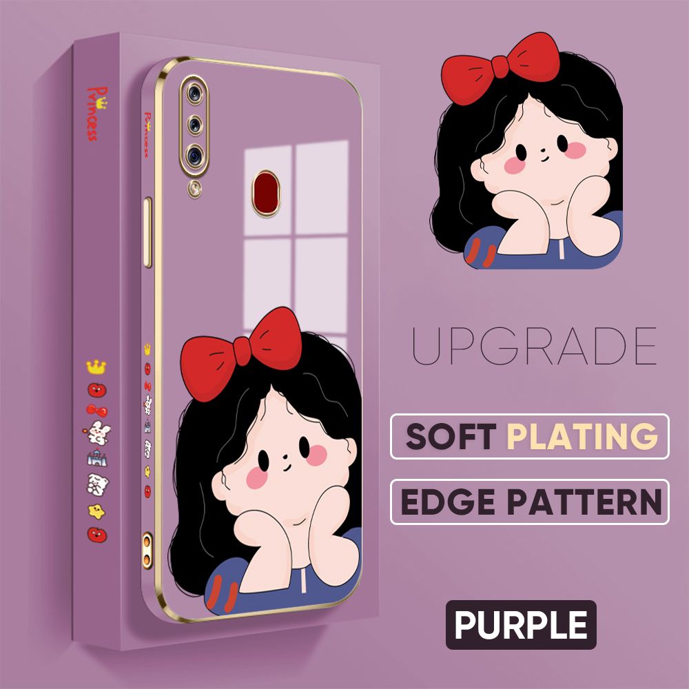 Jizetin (Free Lanyard) Samsung A20S Back Cover Cute Princess Luxury 6D Plating Case Side Pattern Soft Silicone Square Phone Cases