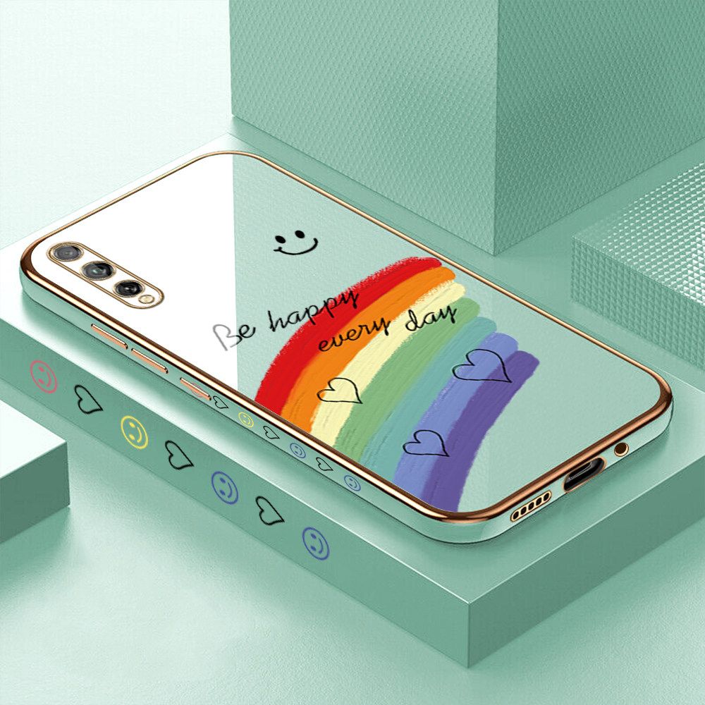 Luxury 6D Plating Case for Huawei Y8P Smile Rainbow Lover Heart Side Pattern Back Cover Soft Silicone Square Frame Shiny Bling Phone Cases + Free Lanyard