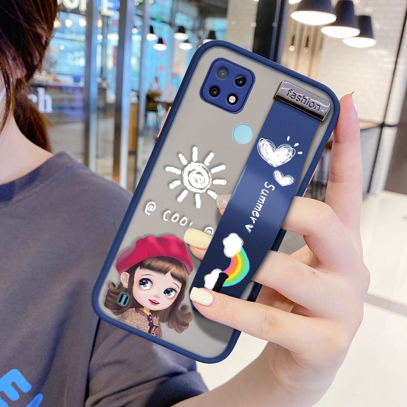 UCUC for Realme C21 Wrist Strap Case Lovely Cartoon Red Hat Girl Wristband Printing Cover Shockproof Frosted Phone Case