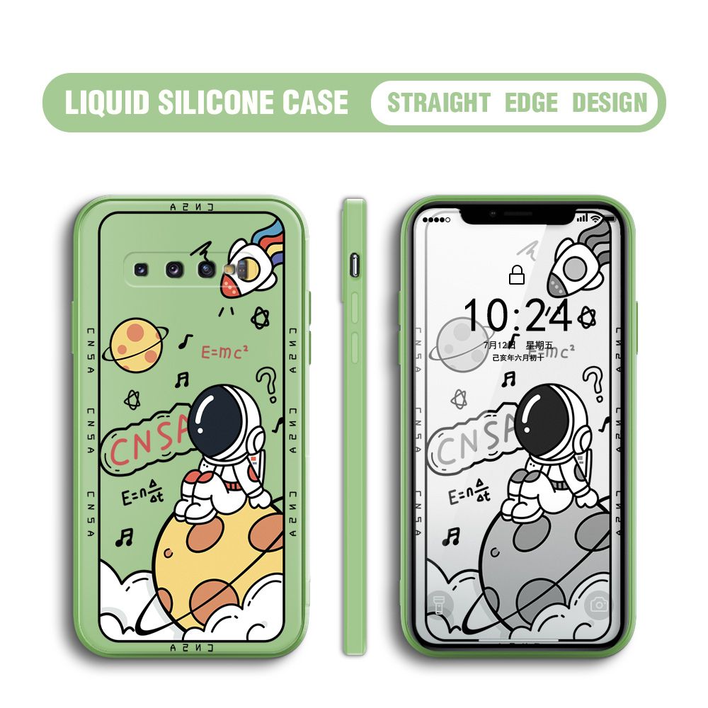 BILI for Samsung Galaxy S10 Plus Back Cover Little Astronaut Sit In Planet Multicolor Liquid Silicone Phone Case Soft Square Lens Protection Phone Cases