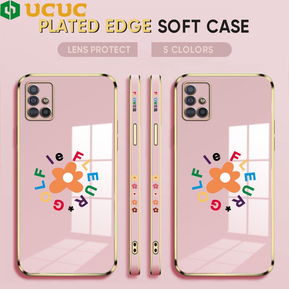 UCUC for Samsung Galaxy A51 Back Cover + Free Lanyard Colorful Flower Luxury 6D Plating Case Side Pattern Soft Silicone Square Phone Cases