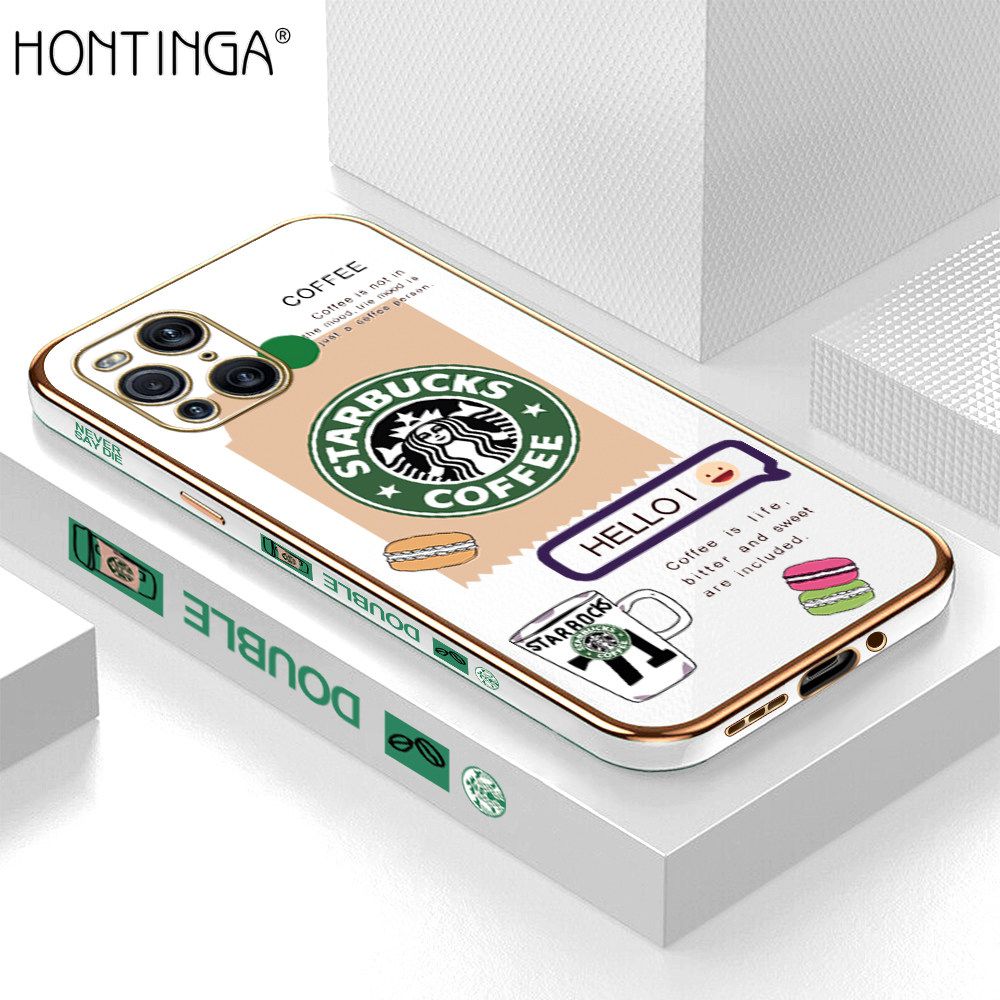 Hontinga for OPPO Find X3 Back Cover + Free Lanyard Luxury 6D Plating Fashion Coffee Side Pattern Case Soft Silicone Square Phone Cases