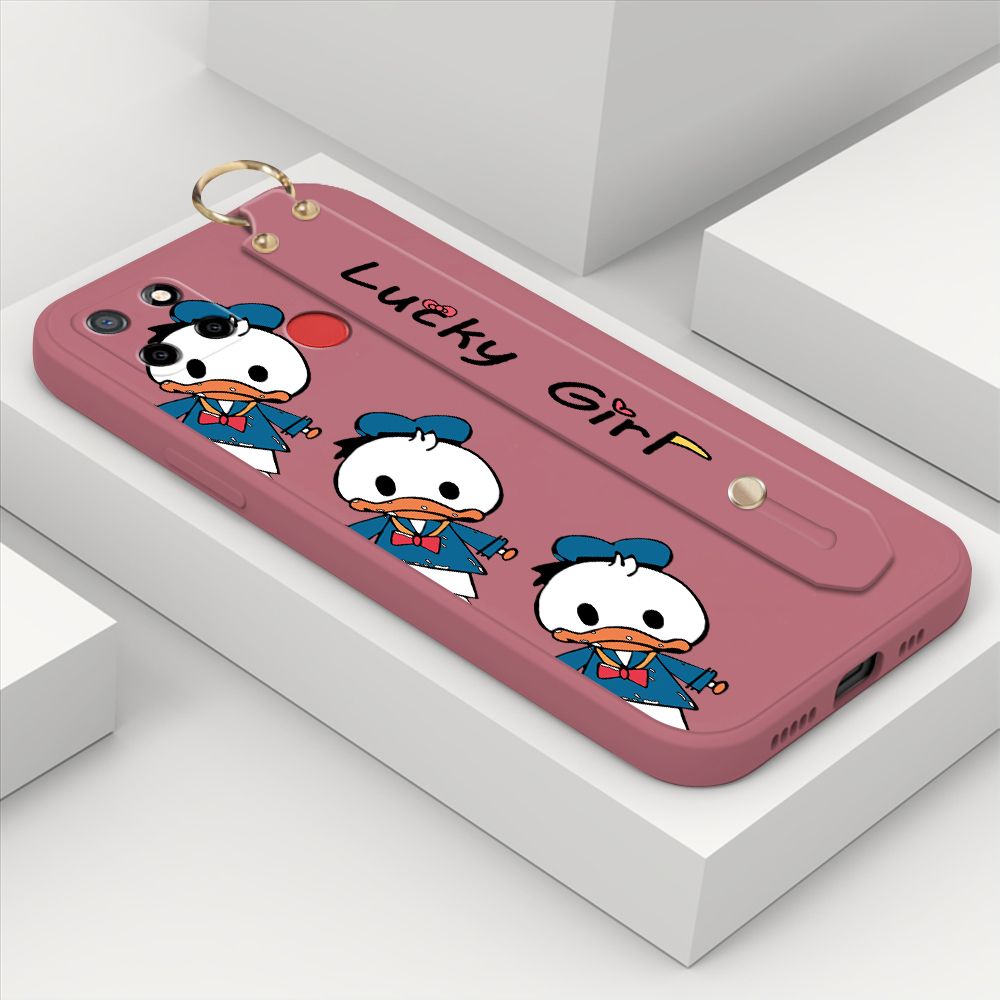 ZeroQiQi for Realme C25s Wrist Strap Case Cute Cartoon Little Duck Phone Case Square Edge Liquid Silicone Case Full Cover Camera Shockproof Protective Cases