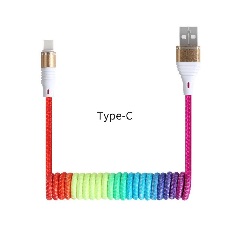 Spring Cable Rainbow Retractable 2.4A Fast Charging Cable Data Cable Type C Micro USB Flexible Elastic Stretch Charger Cable