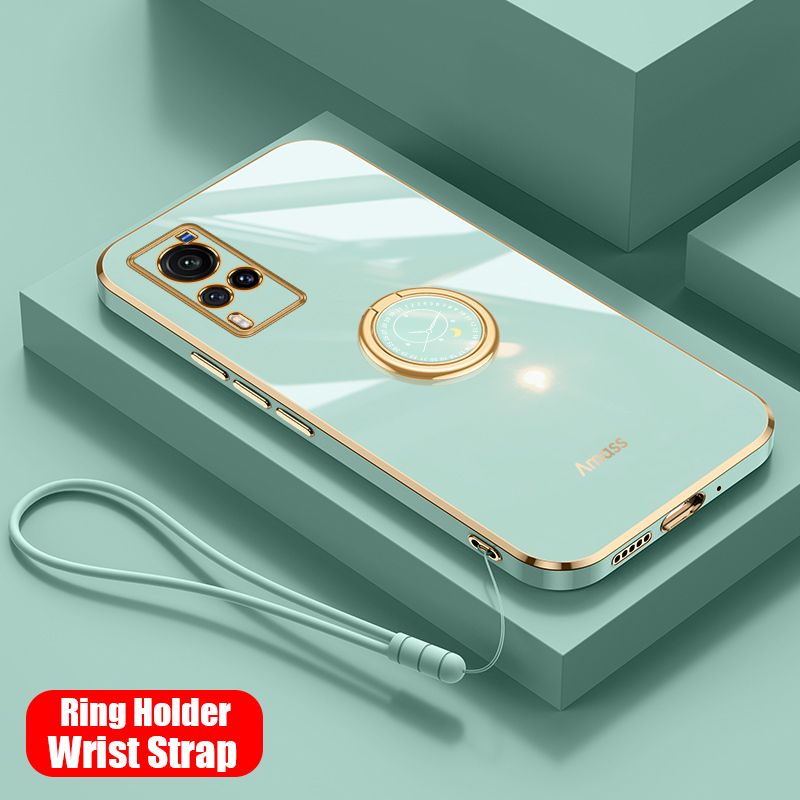 For Vivo X60 Pro Back Cover with Ring Holder Stand + Wrist Strap Shiny Plating Square Bumper Protective Case Soft Silicone Shockproof Mobile Phone Cases