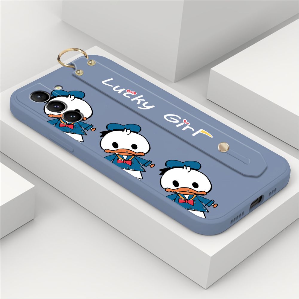 ZeroQiQi for Samsung Galaxy S21 5G Wrist Strap Case Cute Cartoon Little Duck Phone Case Square Edge Liquid Silicone Case Full Cover Camera Shockproof Protective Cases