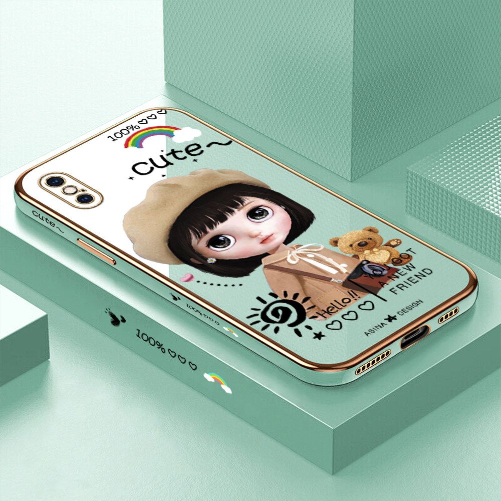 Luxury 6D Plating Soft Casing Silicone Square Frame Phone Case For iPhone XS MAX Case Shiny Bling Back Cover Cute Girl With Shoulder Bag Square Edge Pattern Design Soft Case + Free Lanyard