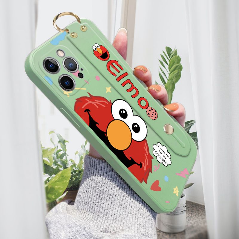 Jizetin for iPhone 12 Pro Max Wrist Strap Case Creative Cartoon Red Haired Monster Cover Ultra Thin Anti Fall Liquid Silicone Phone Case