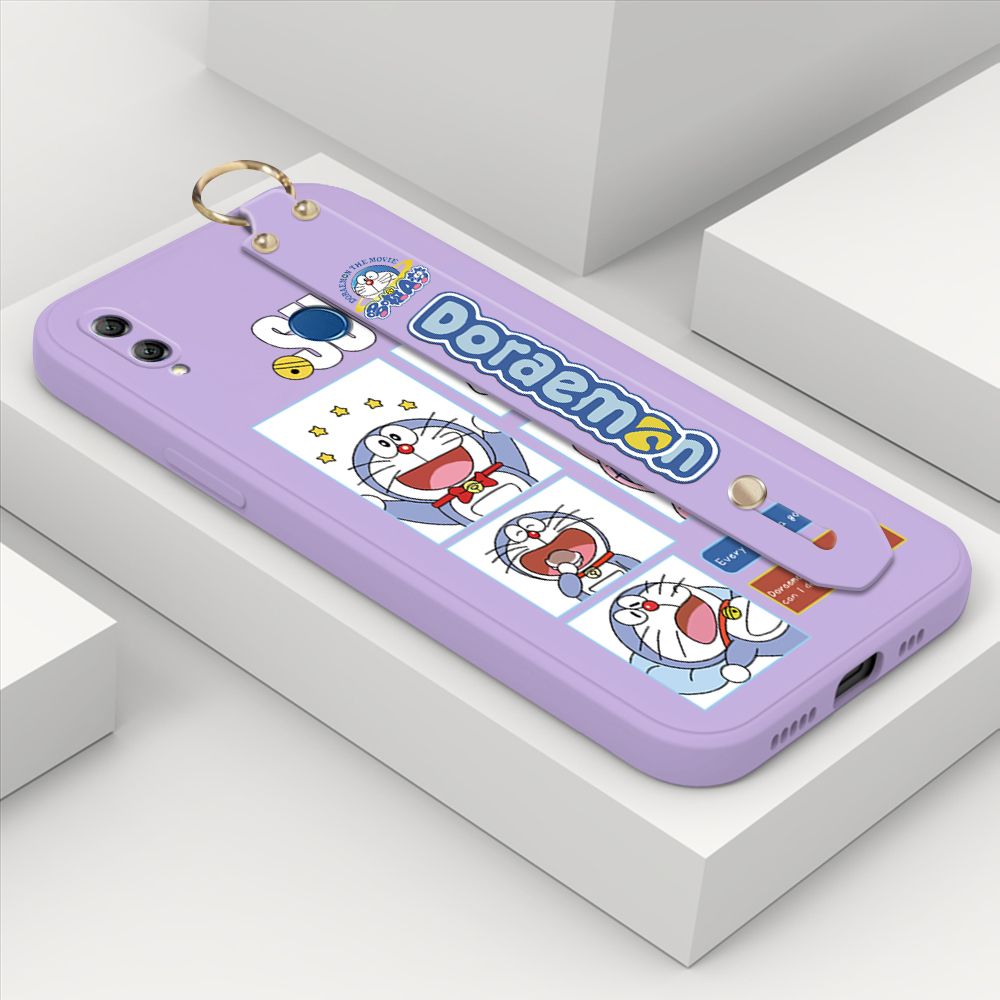 Hontinga for Honor 8X MAX Wrist Strap Case Cute Cute Cartoon Blue Cat Daily Life Cover Square Edge Liquid Silicone Creative Phone Protective Cases