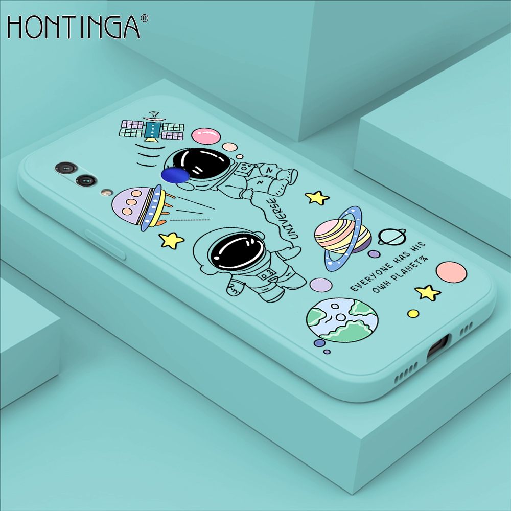 Hontinga for Redmi Note 7 Pro Case Fashion Earth Planet Astronaut Phone Case Soft Square Edge Silicone Cases Full Lens Cover Shockproof Protection Cover