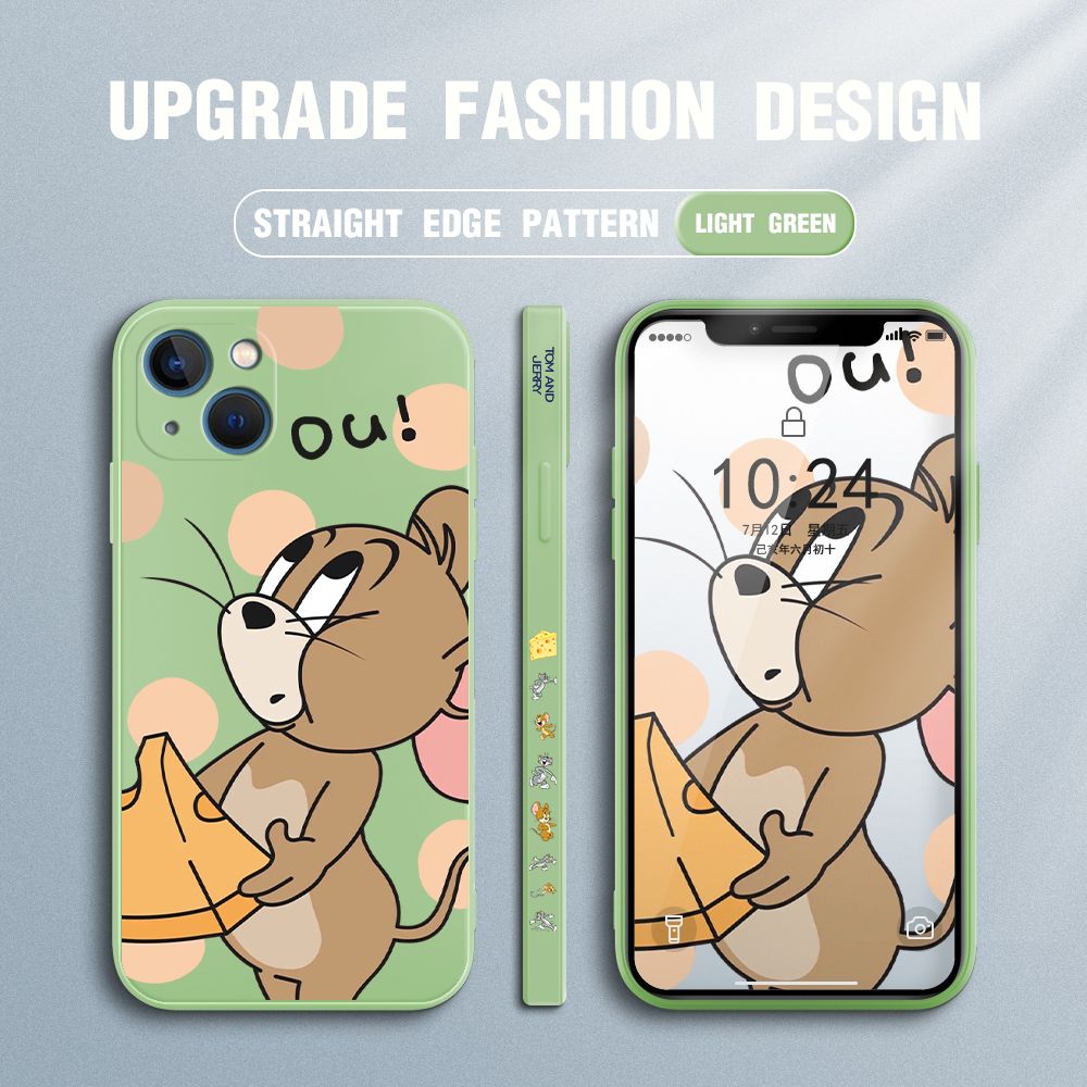 Jizetin for iPhone 13 Mini Case Tom and Jerry Design Side Design Phone Case Square Edge Pattern Liquid Silicone Cases Full Cover Camera Shockproof Protective Case