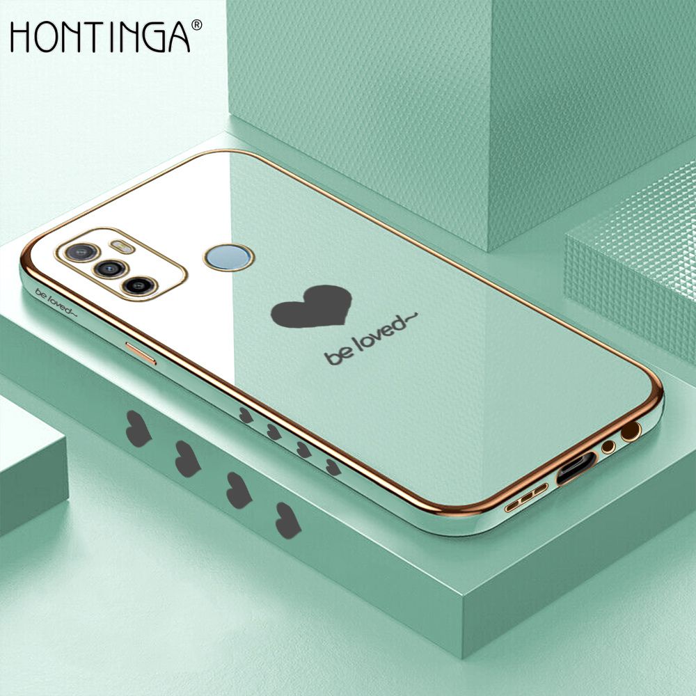 Hontinga for OPPO A33 2020 Back Cover + Free Lanyard Luxury 6D Plating Lover Heart Side Pattern Case Soft Silicone Square Mobile Cover