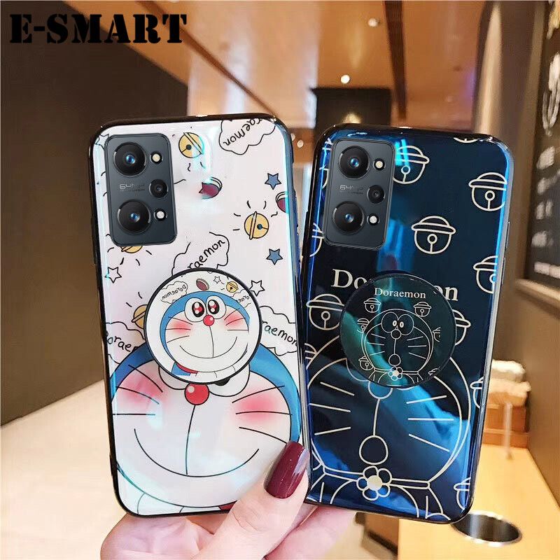 Phone Case Realme GT 2 Back Cover Cute 3D Cartoon Blue Light Happy Doraemon Soft Couple Cases Stand Holder for Realme GT2 Case