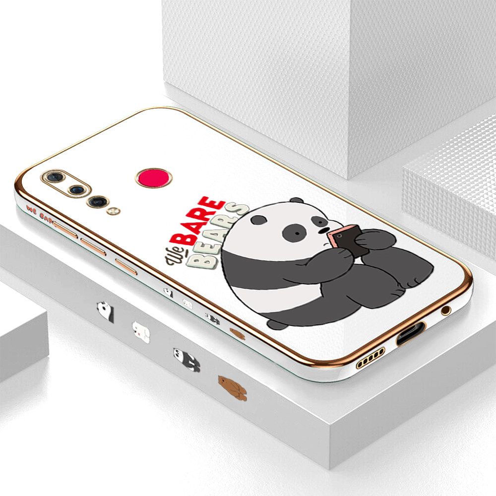 Luxury 6D Plating Case for Huawei Nova 4 Cartoon Panda Side Pattern Back Cover Soft Silicone Square Frame Shiny Bling Phone Cases + Free Lanyard