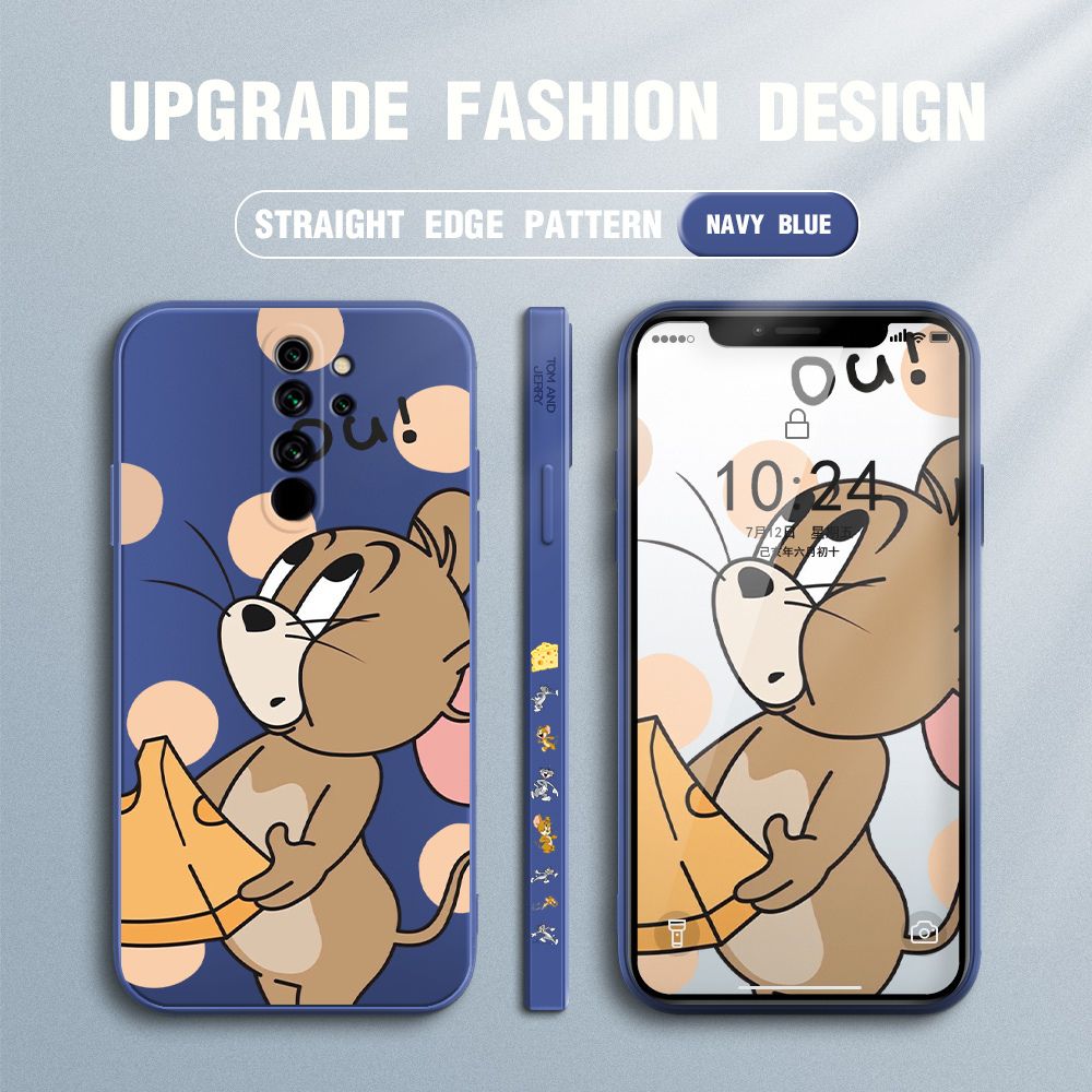 Jizetin for Xiaomi Redmi Note 8 Pro Case Tom and Jerry Design Side Design Phone Case Square Edge Pattern Liquid Silicone Cases Full Cover Camera Shockproof Protective Case