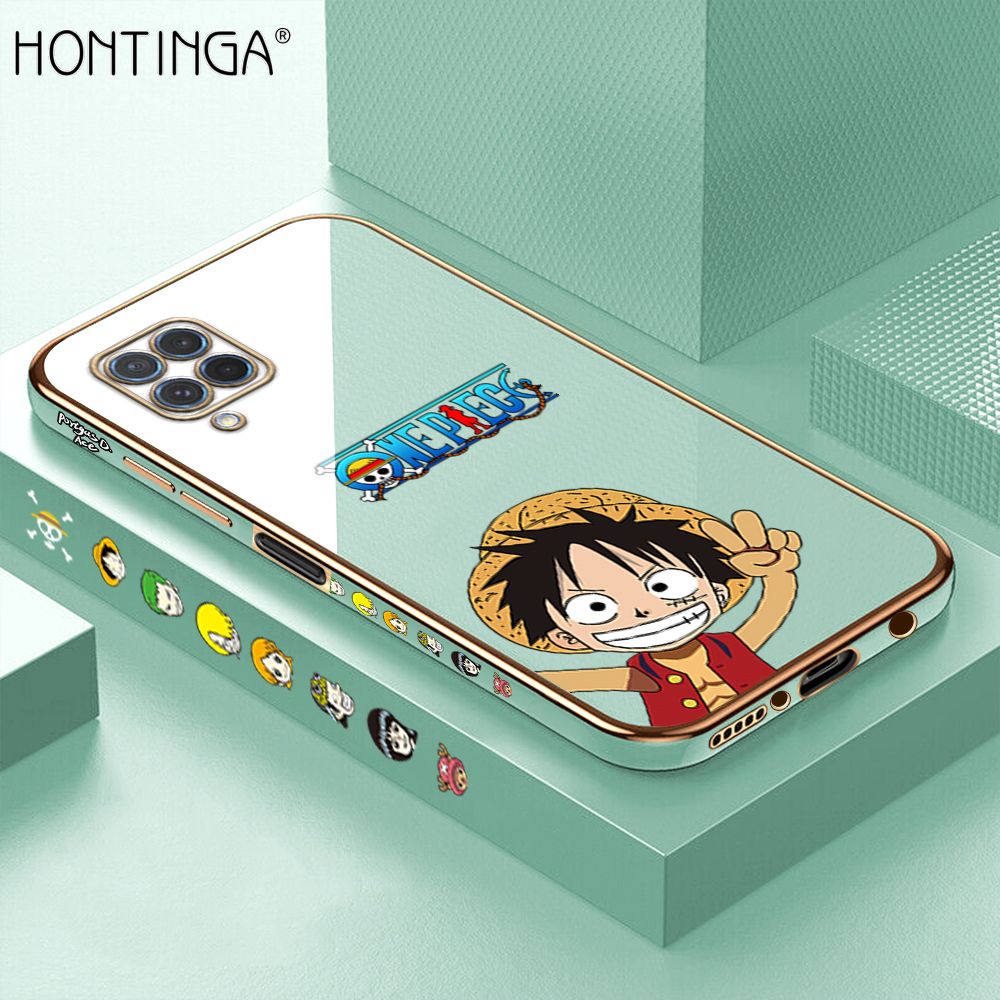 Hontinga for Samsung M62 F62 Back Cover + Free Lanyard Luxury 6D Plating Anime Cartoon Happy Luffy Side Pattern Case Soft Silicone Square Mobile Cover