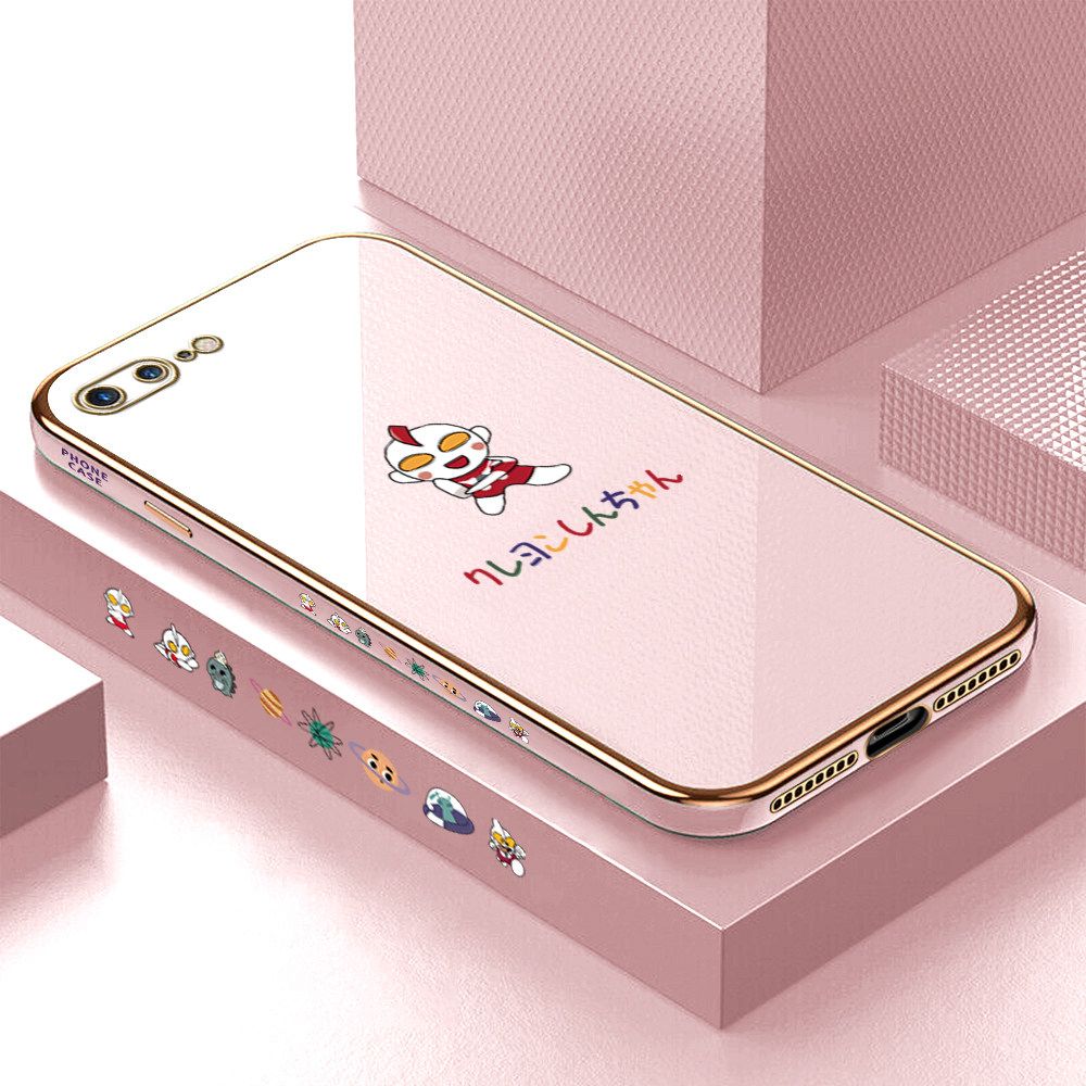 Luxury 6D Plating Case for iPhone 8 Plus Cute Cartoon Side Pattern Back Cover Soft Silicone Square Frame Shiny Bling Phone Cases + Free Lanyard