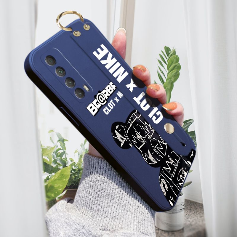 Jizetin for Huawei Y7A Wrist Strap Case Creative Cartoon Black Stitching Bear Cover Ultra Thin Anti Fall Liquid Silicone Phone Case