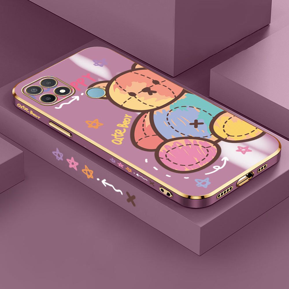 Jizetin (Free Lanyard) OPPO A15S / A15 Case Color Doll Bear Luxury 6D Plating Soft Casing Silicone Ultra Thin Phone Cover
