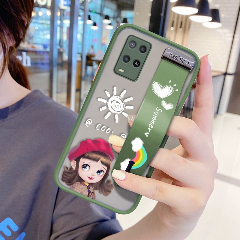 UCUC for OPPO a74 Wrist Strap Case Lovely Cartoon Red Hat Girl Wristband Printing Cover Shockproof Frosted Phone Case