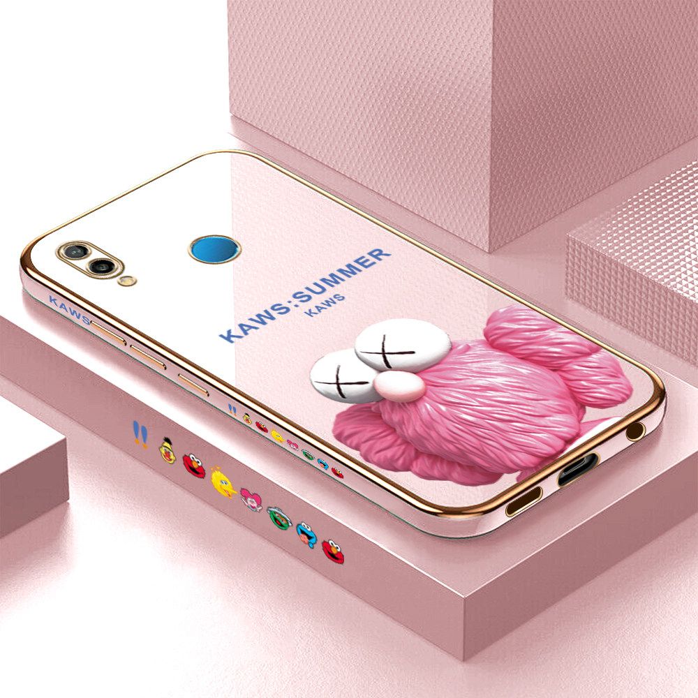 Luxury 6D Plating Soft Casing Silicone Square Frame Phone Case For Huawei Nova 3E Case Shiny Bling Back Cover Cartoon Pink Doll Square Edge Pattern Design Soft Case + Free Lanyard