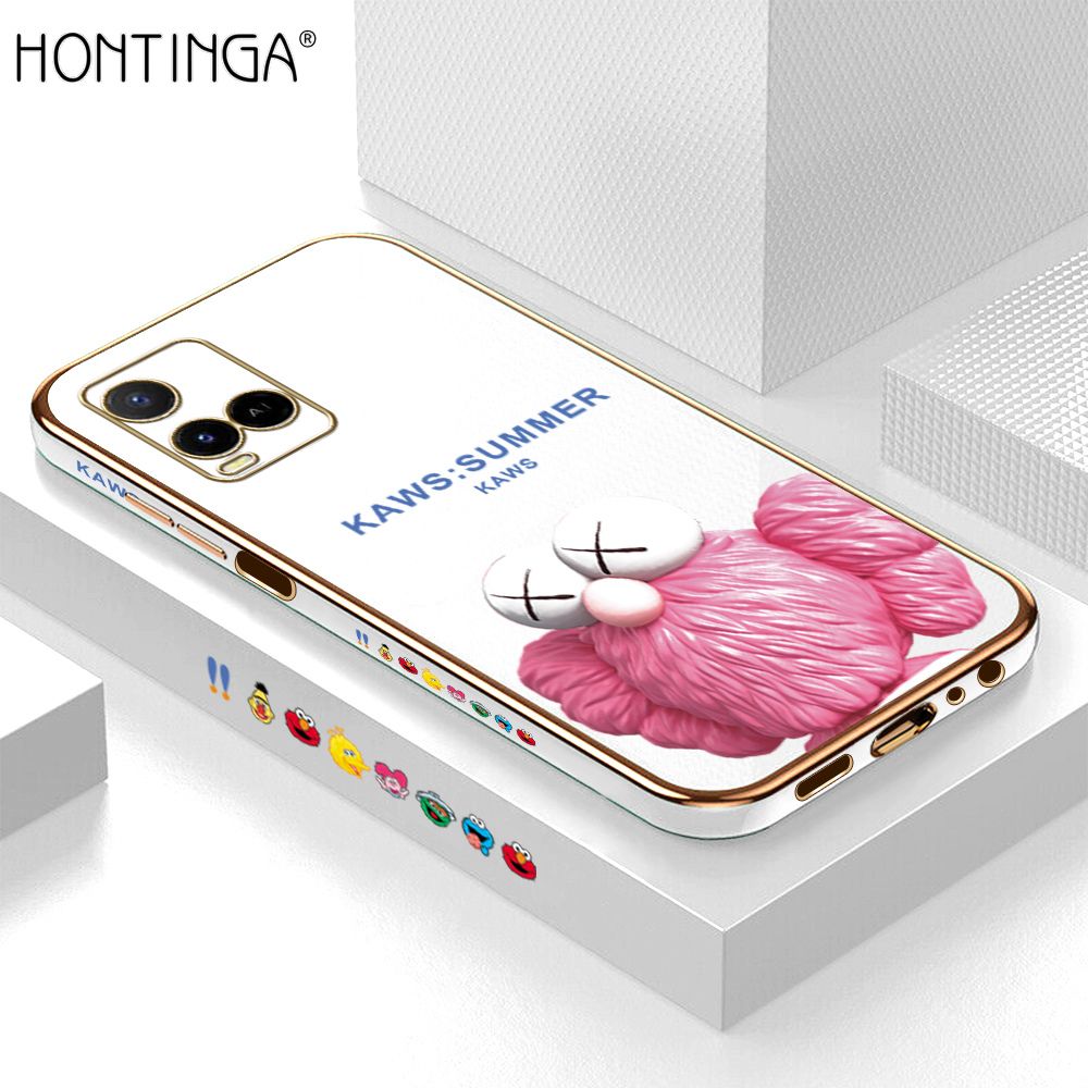 Hontinga for Vivo Y33S Y21 2021 Y21S Back Cover + Free Lanyard Luxury 6D Plating Pink Doll Side Pattern Case Soft Silicone Square Mobile Cover