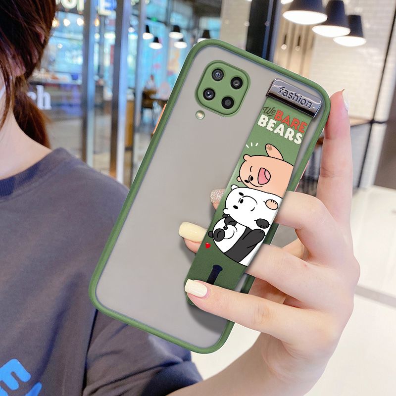 UCUC for Samsung Galaxy M32 Wrist Strap Case Cute Cartoon Three Little Bears Wristband Printing Cover Shockproof Frosted Phone Case