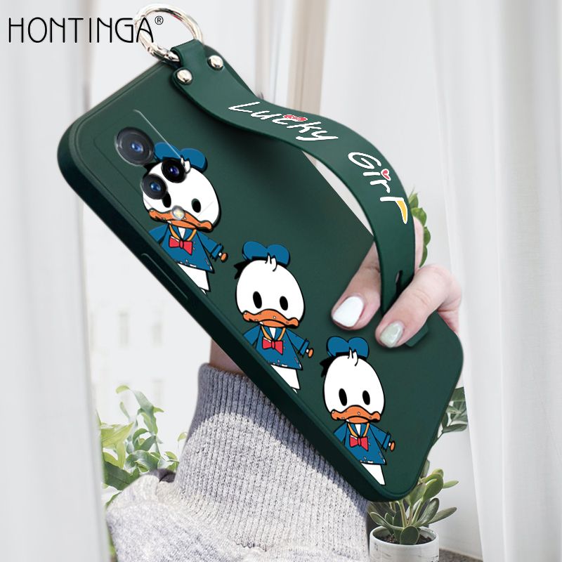 Hontinga for Vivo V21 5G Wrist Strap Case Cute Cartoon Little Duck Phone Case Square Edge Liquid Silicone Case Full Cover Camera Shockproof Protective Cases