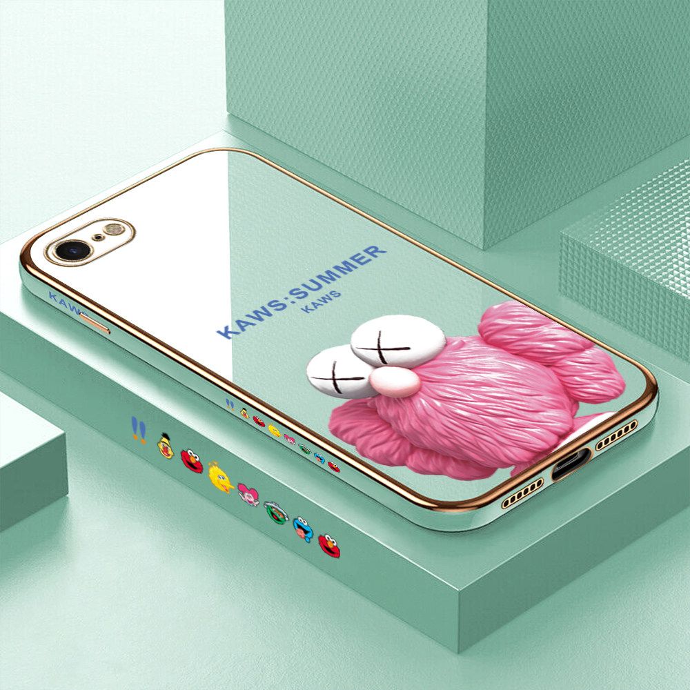 Luxury 6D Plating Soft Casing Silicone Square Frame Phone Case For iPhone 8 Case Shiny Bling Back Cover Cartoon Pink Doll Square Edge Pattern Design Soft Case + Free Lanyard