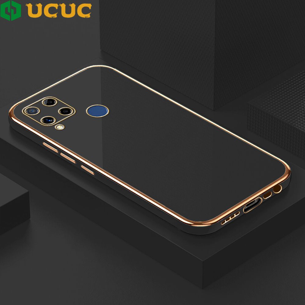 UCUC for Realme C15 / Realme C15 Qualcomm Edition Back Cover + Free Lanyard Colour Luxury 6D Plating Case Side Pattern Soft Silicone Square Phone Cases