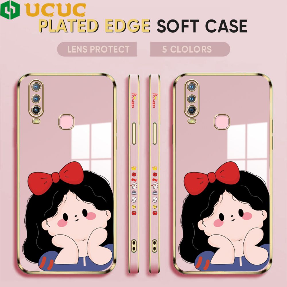 UCUC for Vivo Y17 Y15 Y12 Back Cover + Free Lanyard Cute Gir Luxury 6D Plating Case Side Pattern Soft Silicone Square Phone Cases